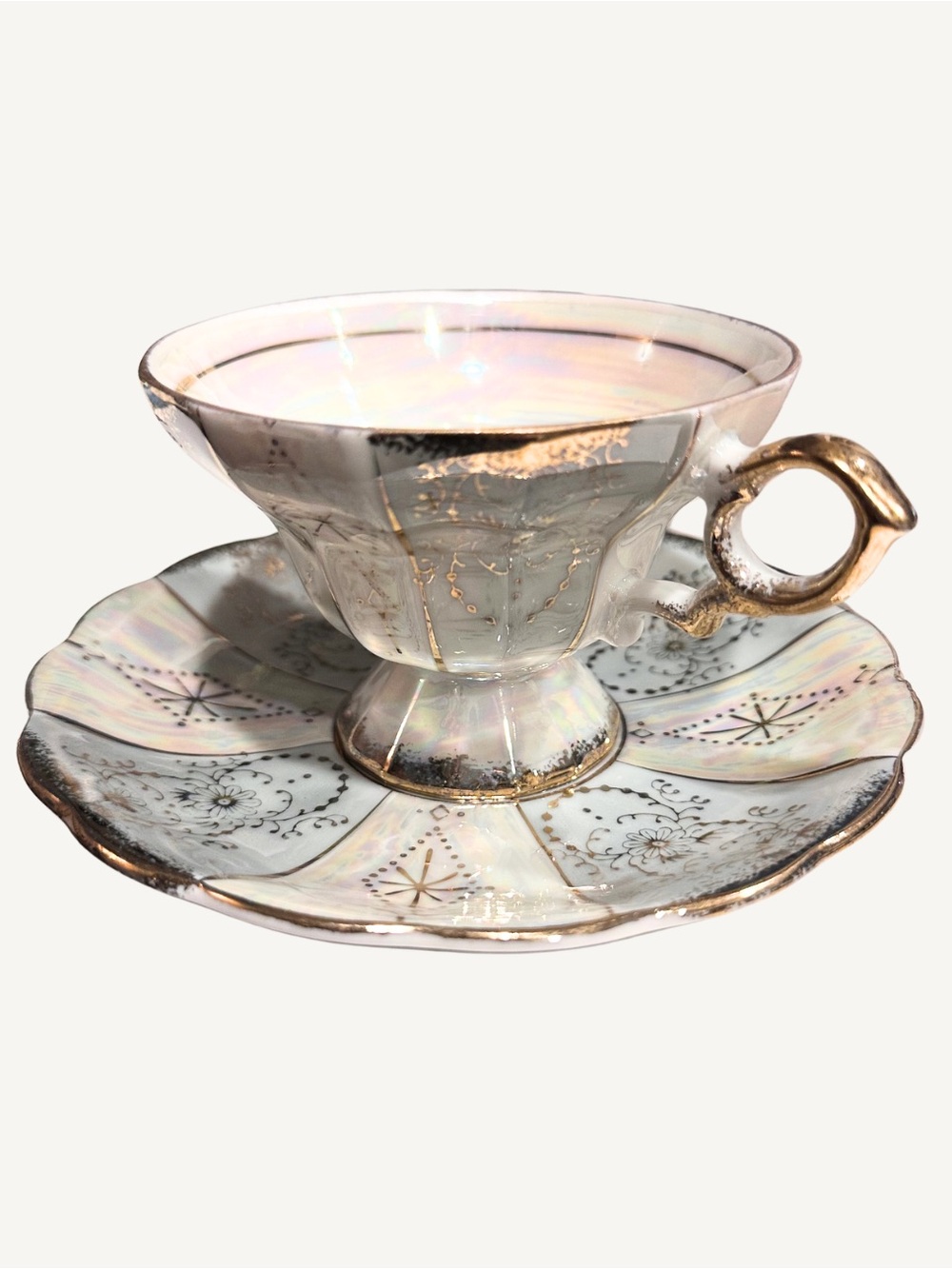 Vintage Royal Crown Arnart 55/905 Lusterware Footed Teacup & Saucer Iridescent
